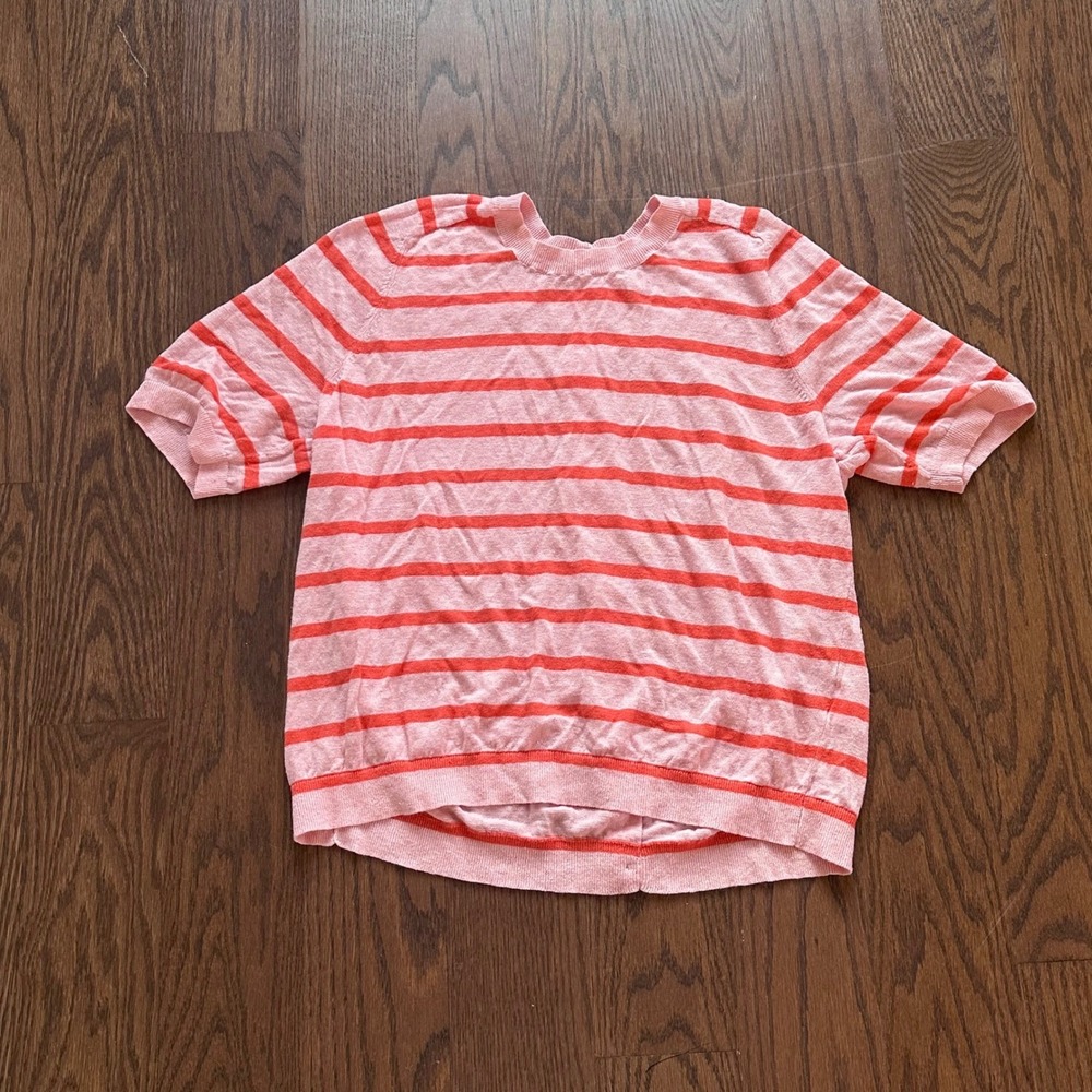 Boden Pink Orange Striped 100% Linen Short Sleeve Button Back Sweater Large